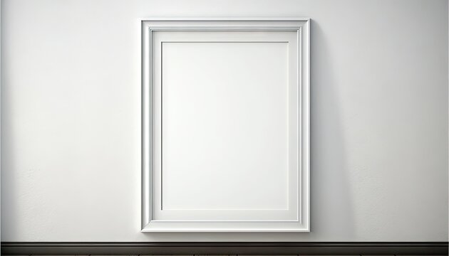  a white picture frame on a white wall with a black floor and a white wall with a black floor and a white picture frame on the wall.  generative ai