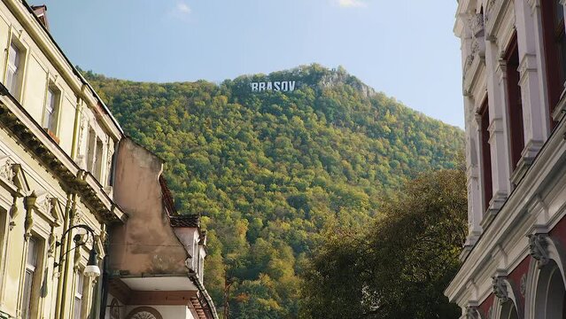 Brasov mountain Tampa with a Hollywood-style sign in Transylvania, Romania