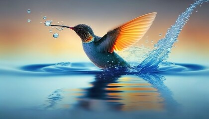  a hummingbird splashing water into a body of water with its wings spread out and its wings are spread wide open and its wings are spread out.  generative ai