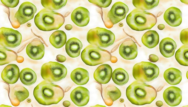  a pattern of sliced kiwis on a white background, with a green center and a yellow center, with a white background with a white border.  generative ai