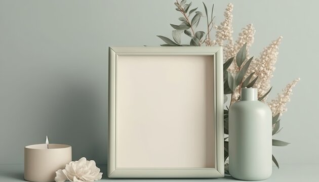  a picture frame, vase, candle, and flower arrangement on a gray background with a white candle and a white vase with a white flower.  generative ai