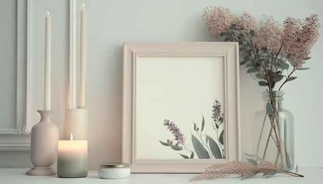  a picture frame and some candles on a table next to a vase with flowers and a candle holder with a picture of a lavender plant.  generative ai