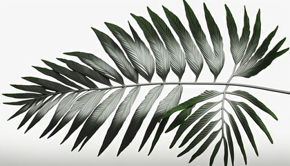  a close up of a palm leaf on a white background with a green stem in the center of the image, with a white background.  generative ai