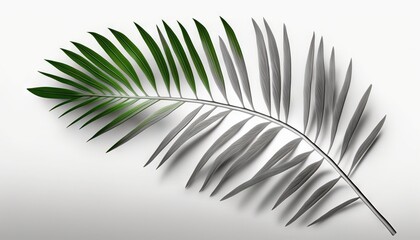  a palm leaf is shown on a white background with shadow from the leaves on the left side of the image and the green leaves on the right side of the right side of the.  generative ai
