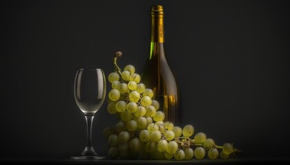  a glass of wine and a bottle of wine on a table with grapes and a bottle of wine on the side of the glass, on a black background.  generative ai
