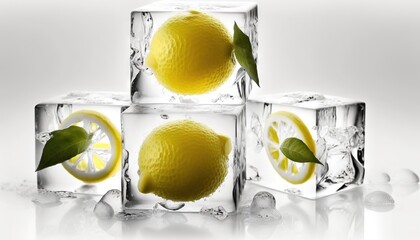  a group of lemons sitting on top of ice cubes with a green leaf on top of them and a lemon in the middle.  generative ai