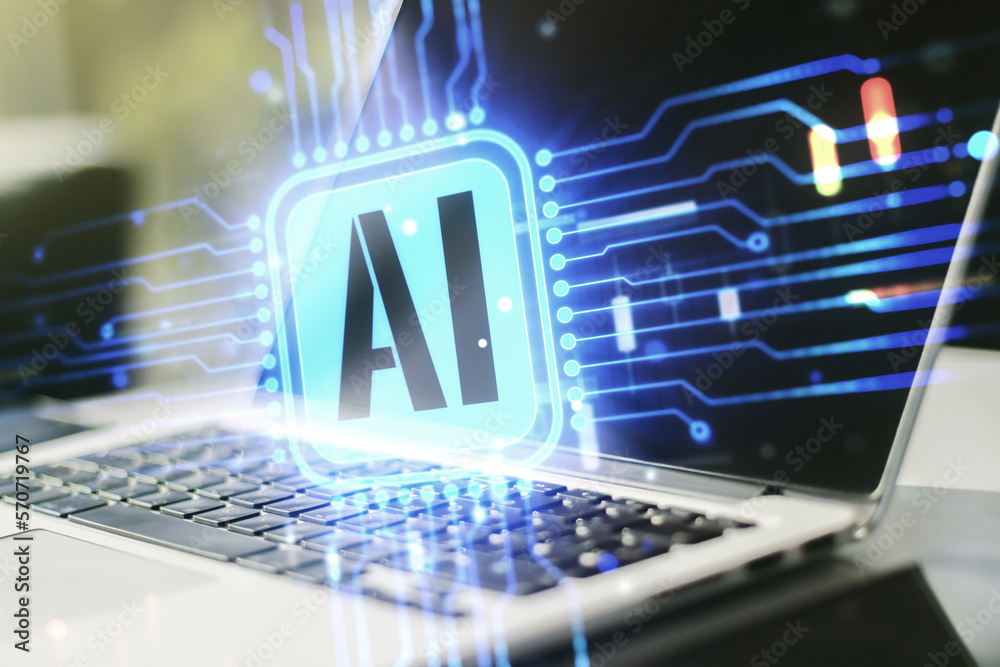 Aufkleber Double exposure of creative artificial Intelligence icon with modern laptop on background. Neural networks and machine learning concept