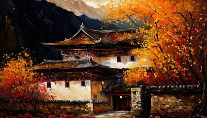paint like illustration of beautiful village on mountain, inspired from Bhutan or Nepal theme,  Generative Ai - obrazy, fototapety, plakaty
