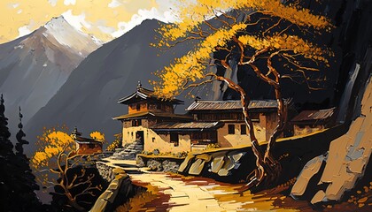 paint like illustration of beautiful village on mountain, inspired from Bhutan or Nepal theme,  Generative Ai - obrazy, fototapety, plakaty