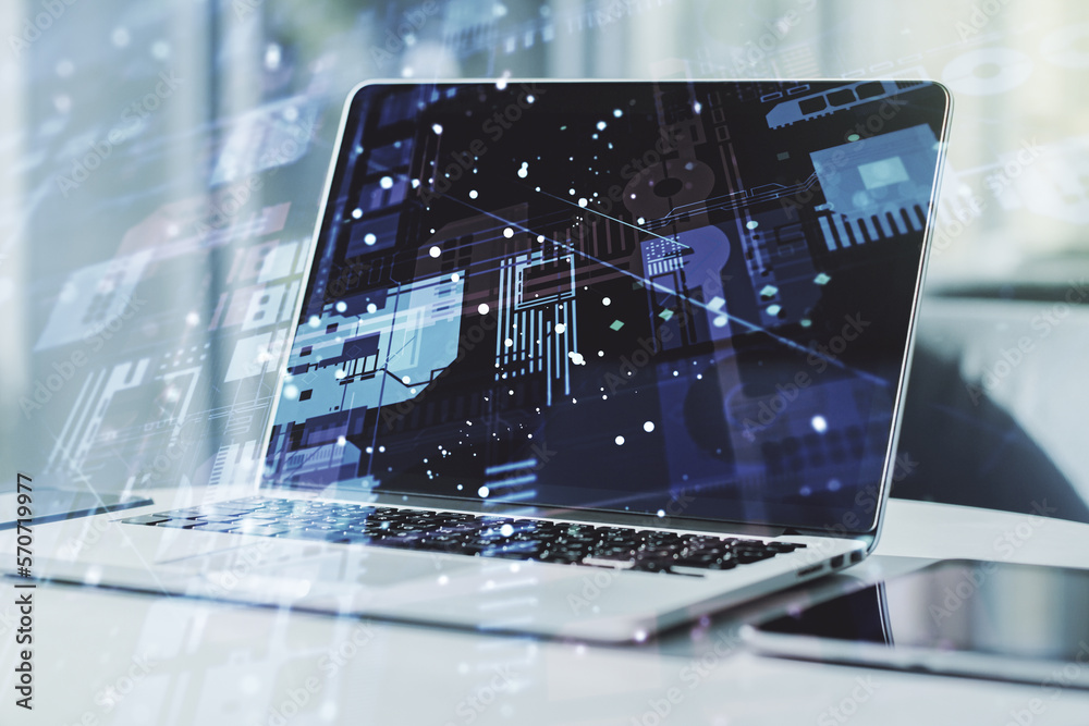 Poster abstract creative coding concept on modern laptop background. multiexposure