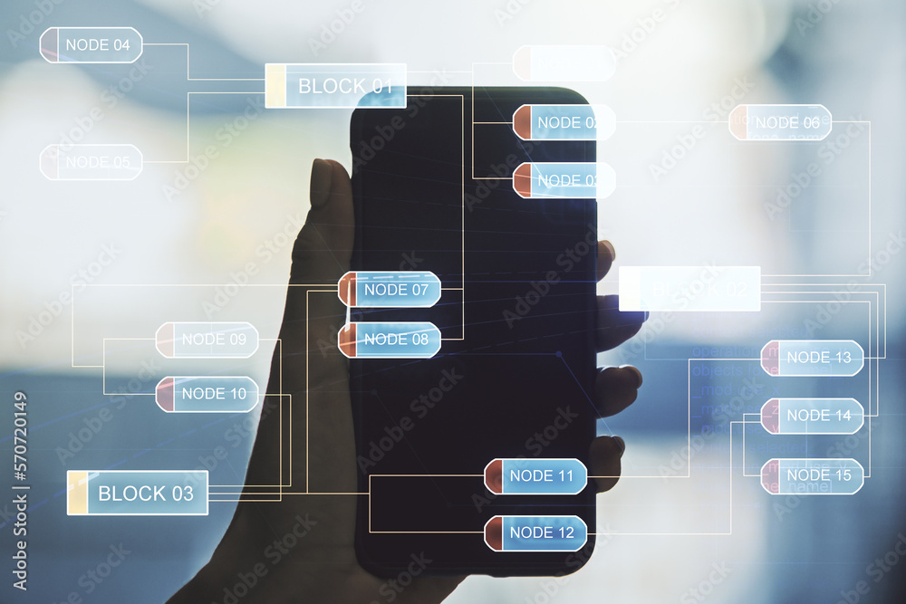 Fototapete abstract creative coding concept and hand with phone on background. multiexposure