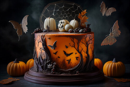 A picture displays a Halloween-inspired cake adorned with eerie decorations and ghostly figures, set against a backdrop of spider webs and bets