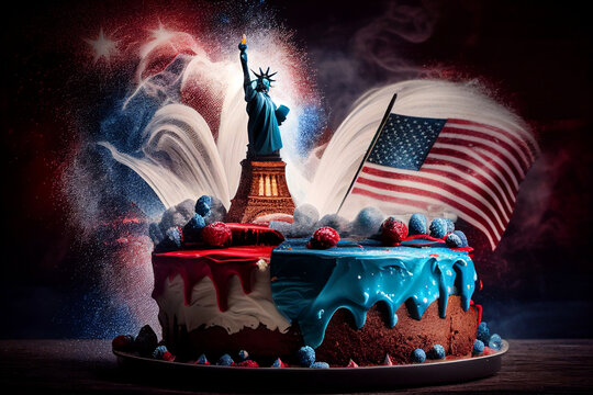 photo of A patriotic cake for Independence Day with red, white, and blue frosting, against a backdrop of the American flag, fireworks, and the Statue of Liberty