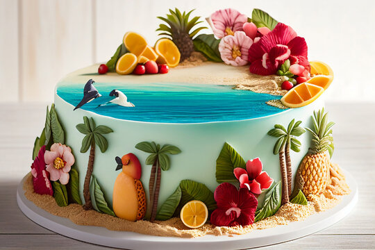 photo of A summer-themed cake with tropical flowers, fruits, and palm trees, against a background of a sunny beach and turquoise waters