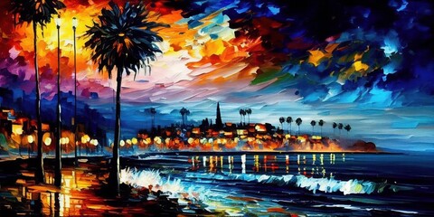 Santa Barbara California Coastline - Modern Impressionistic With Palette Knife and Oils - obrazy, fototapety, plakaty