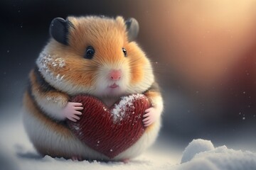 cute chubby hamster hugging big red heart atmospheric winter background generative ai