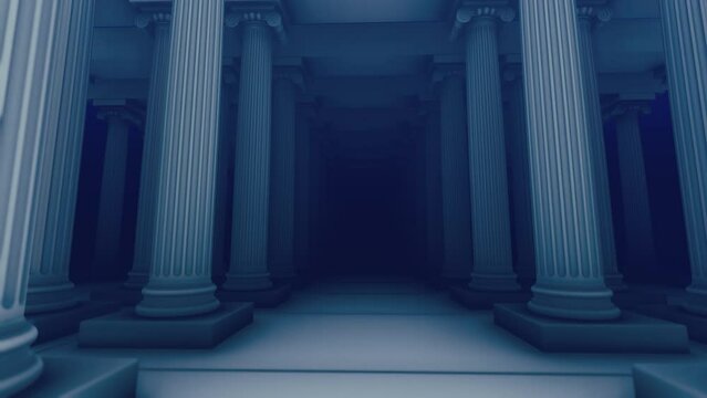 Movement through the dark temple among the columns