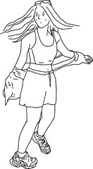 Outline sketch of a girl jumping and spinning around in full growth