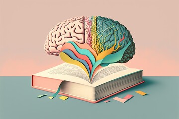 Human brain on a book and color background. Minimal abstract concept of school, culture, intelligence, reading or education. Charger for brain idea. Generative AI