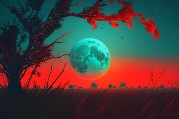 Obraz na płótnie Canvas digital wallpaper artwork of Scenic View Of Fantasy night with moon red and blue colors- generated ai