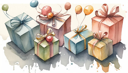 Obraz na płótnie Canvas a watercolor painting of three gift boxes with balloons and a bow on the top of each one, and a balloon in the middle of the box. generative ai