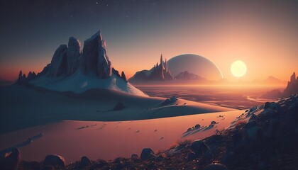  a computer generated image of a landscape with mountains and planets in the background at sunset or sunrise or sunset, with the sun setting on the horizon.  generative ai