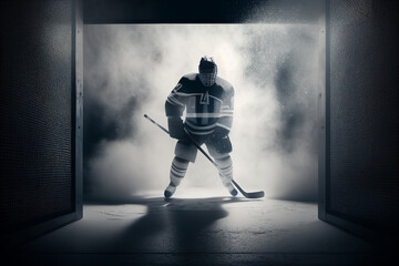 Obraz premium Ice hockey player ready for match in stadium with smoke and spotlights around.