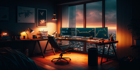 A high-end trading desk situated in a luxurious apartment, illuminated by the soft glow of computer screens and city lights
