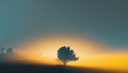  a lone tree in the middle of a foggy field at sunset or dawn with the sun behind the tree and the sky in the distance. generative ai