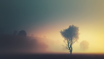  a lone tree in a foggy field with a yellow sky in the background and trees in the foreground, with the sun setting in the distance. generative ai