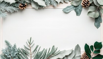 winter or Christmas themed banner / background with a border of green fir tree twigs, frosted greenery and eucalyptus leaves on a white wooden board, copyspace for your text, flat lay / top view