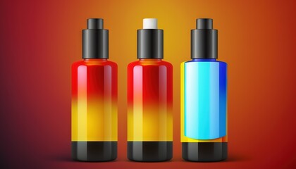  a bottle of liquid and a bottle of lotion on a red and orange background with a black cap and a white cap on the top.  generative ai