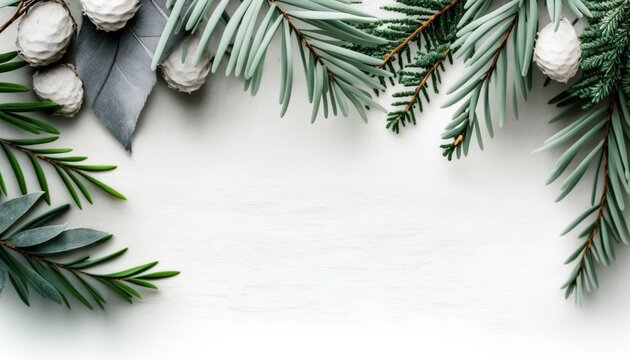 winter or Christmas themed banner / background with a border of green fir tree twigs, frosted greenery and eucalyptus leaves on a white wooden board, copyspace for your text, flat lay / top view