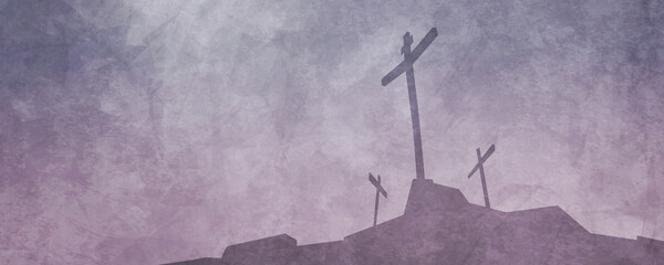 A silhouette of three empty crosses at Calvary symbolic of Easter, Good Friday, and the resurrection of Jesus Christ.