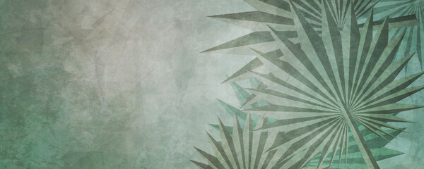 Faded. abstract, palm leaves over green, gray and gold. Illustration is stylized with aged, vintage appearance.
