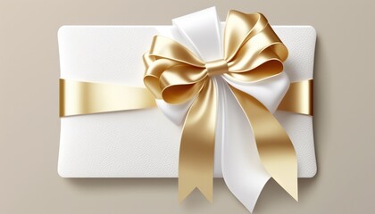  a white gift box with a gold ribbon and a bow on top of the box is on a beige background with a shadow from the paper.  generative ai