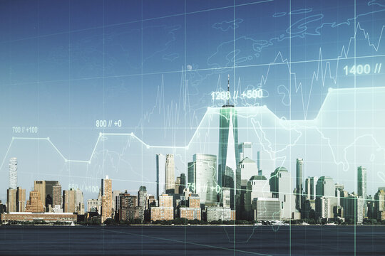 Multi exposure of abstract statistics data hologram interface on Manhattan office buildings background, computing and analytics concept - Powered by Adobe