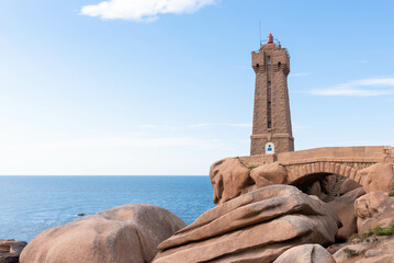 Mean Ruz lighthouse on the pink granite coast (Ploumanac’h, Cotes d'Armor, Brittany, France)
