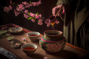 Fototapeta na wymiar Cherry Blossom Day (sakura no hi) tea ceremony, Generative AI