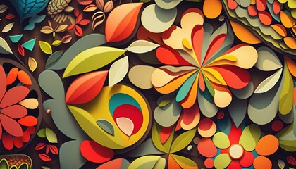 a painting of a bird and flowers on a brown background with a red, yellow, orange, and green design on the bottom half of the image.  generative ai
