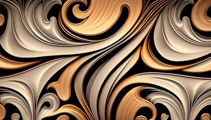  an abstract gold and black background with swirls and curves in the center of the image, with a black background with a gold and white swirl pattern.  generative ai