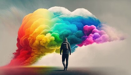  a person standing in front of a cloud of colored smoke on a gray background with a person standing in the foreground looking at it.  generative ai