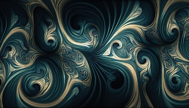  a computer generated image of a swirly pattern in blue and gold colors, with a black background and a white center in the center.  generative ai
