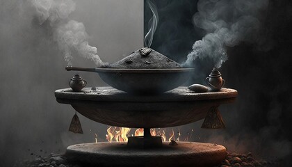  a large pot with smoke coming out of it sitting on top of a stone bowl on a fire pit with a lit candle in the middle of it.  generative ai