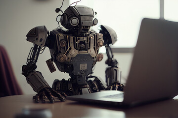 Robot working on laptop, light background.
