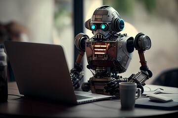 Robot working on laptop, light background.