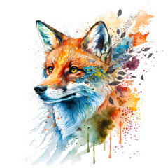 Watercolor cute red fox, colorful painting. Realistic wild animal illustration. Created with Generative AI technology.