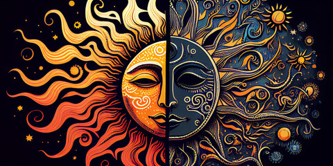 Psychedelic patterns featuring sun and moon.