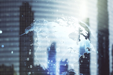 Multi exposure of abstract software development hologram and world map on modern skyscrapers background, global research and analytics concept