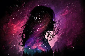 Space purple background. Silhouette of a girl with galaxy on the background of the starry sky. Created with Generative AI technology.